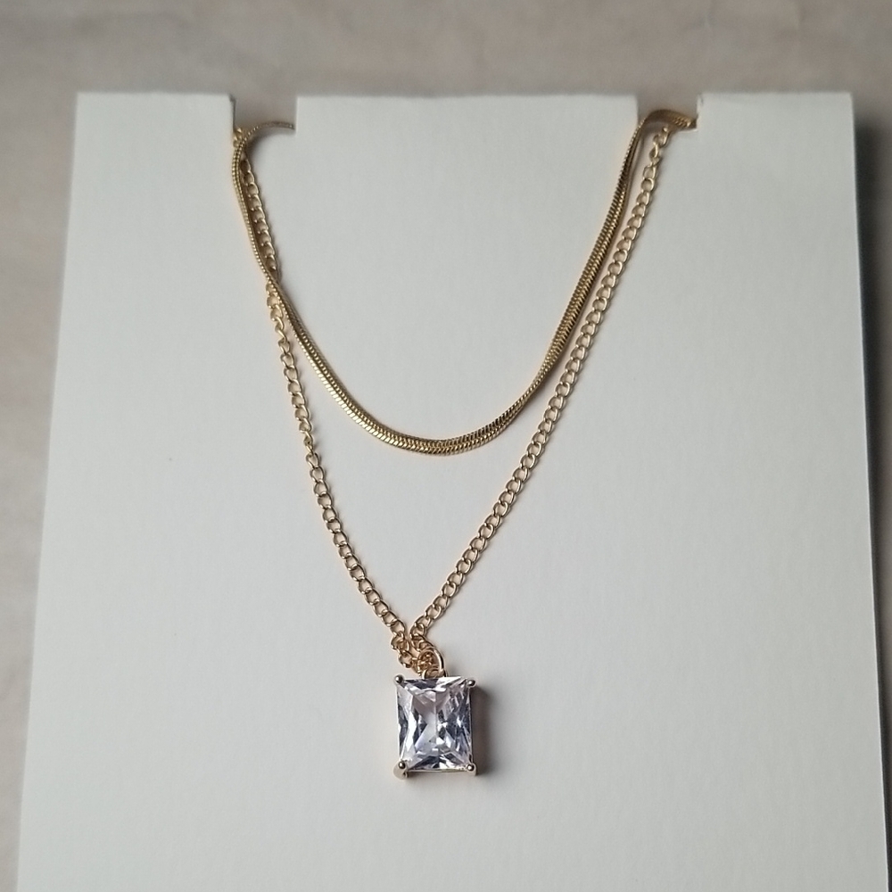 Square Diamond Pendant With Gold Tone Chains
